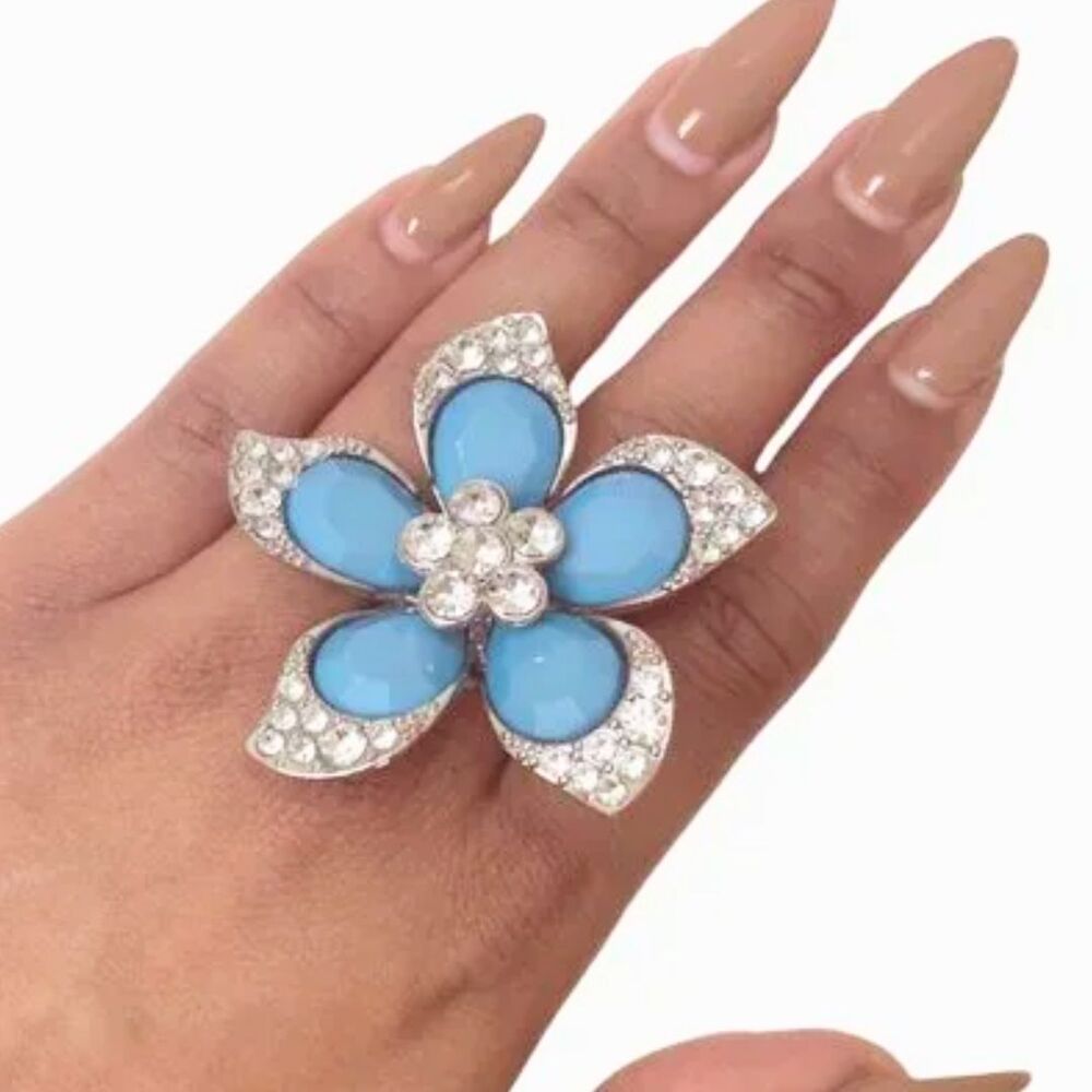 Sparkly Blue Flower Ring with Rhinestones Stretchy Band One Size Fits Most